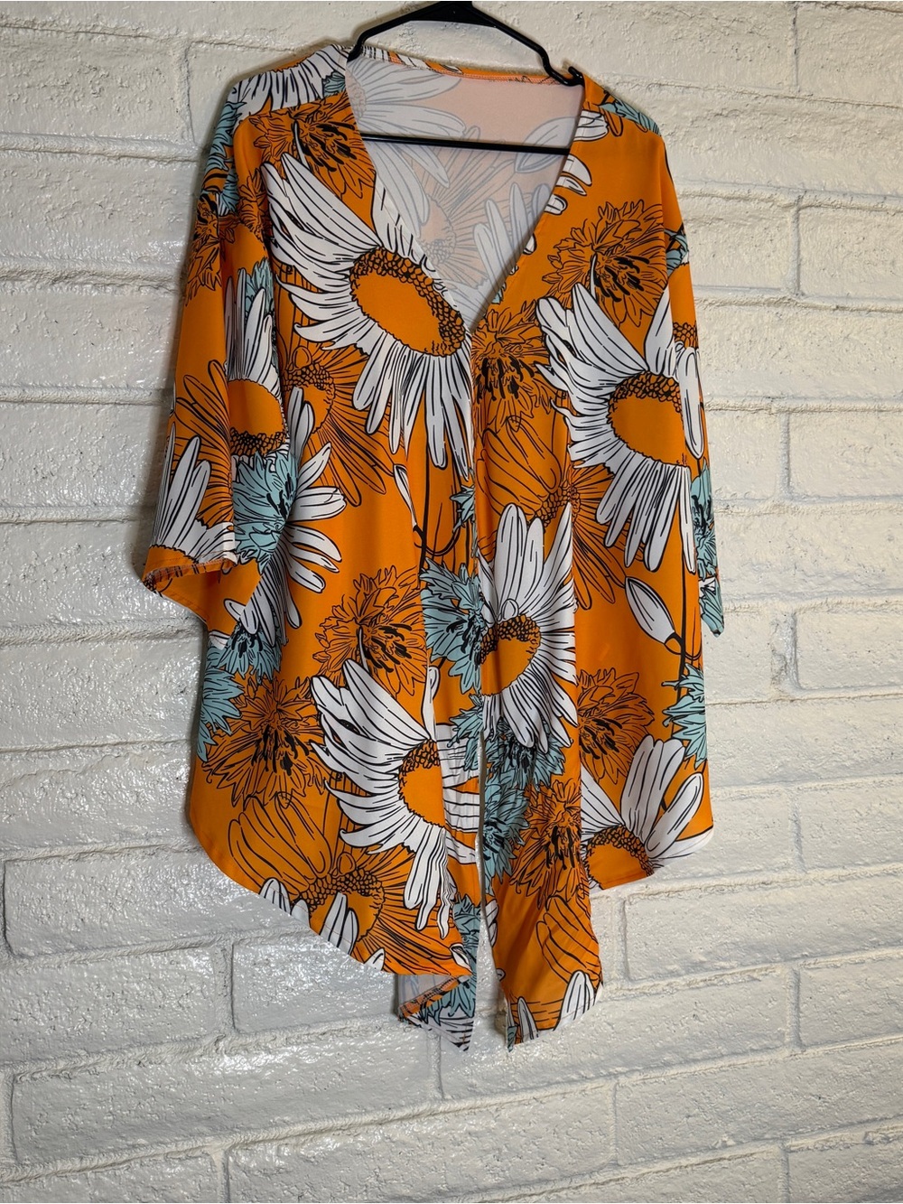 Sunflower Floral Wrap Front Blouse | Orange Boho Tie Waist Top | 3/4 Sleeve - Picture 7 of 11